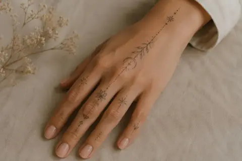 Ein zarter hand tattoo mann klein ziert den Handrücken mit Sternen, Mond und Blattwerk.