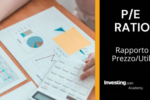 Analisi del rapporto Prezzo/Utili (P/E ratio) con grafici finanziari e calcolatrice.