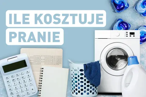 Ile wody zużywa pralka? Obok pralki leży kalkulator, notatnik i płyn do prania.