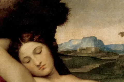 A sleeping Venus rests peacefully, her arm behind her head, amidst a serene landscape with distant mountains and a lone tree.