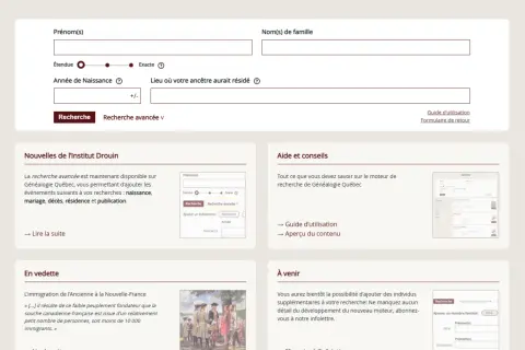 Interface de recherche généalogique avec champs pour prénom, nom, année et lieu de naissance. Une section "À venir" annonce une nouvelle fonctionnalité pour ad 79.