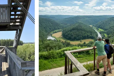 Vue panoramique d'une vallée verdoyante et d'une rivière, depuis une plateforme d'observation. Idéal pour une randonnée bouillon.