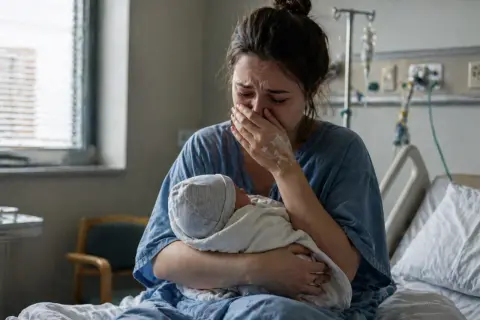 Zmartwiona matka tuli noworodka w szpitalu. Wczesne wspomaganie rozwoju i orzeczenie o niepełnosprawności to ważne tematy dla rodziców.