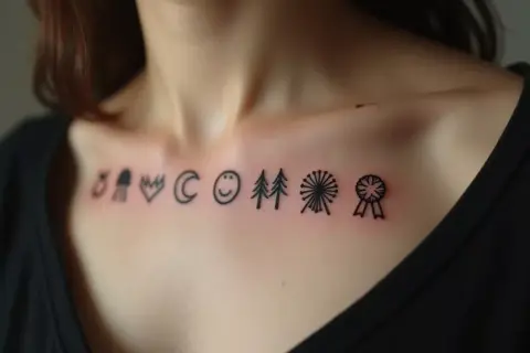 Kleine Symbole zieren die Brust, ein Seelensymbol-Tattoo, das Glück, Natur und Erfolge symbolisiert.
