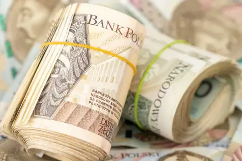 Zrolowane banknoty dwuzłotowe, spięte gumkami. W tle widać kolejne banknoty.