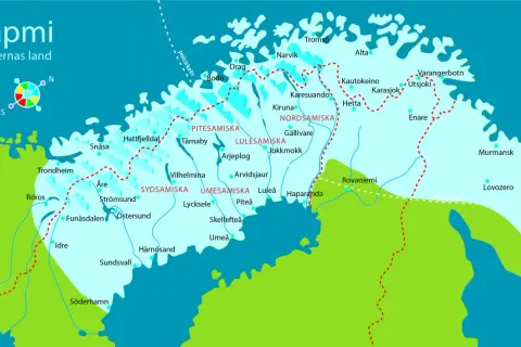 Karta över Sápmi, samernas land, med platser som Kiruna, Tromsö och Murmansk. Området visar spår av norrlands historia och samiska språk.