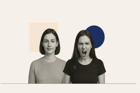 Dwie kobiety, jedna spokojna, druga krzycząca. Obraz symbolizuje zmienne nastroje i objawy zaburzeń osobowości.
