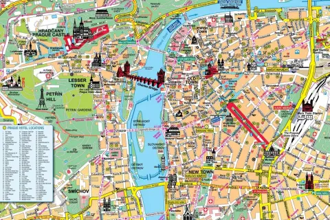 Co zobaczyć w Pradze: mapa z zaznaczonymi Hradczanami, Mostem Karola, Rynkiem Staromiejskim i Placem Wacława.