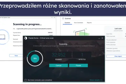 Ekran z trzema oknami programów antywirusowych skanujących komputer.