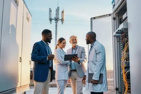 Ingenieros revisan equipo de telecomunicaciones, como si estuvieran a punto de cortar lazos energéticos entre dos personas.