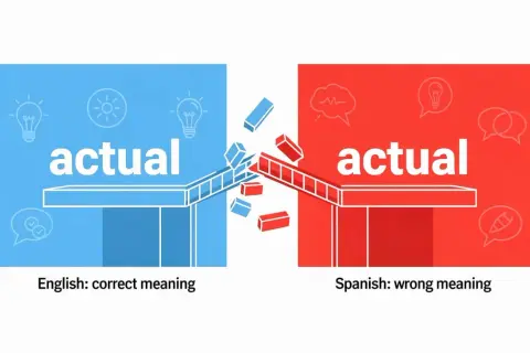 Ilustración que muestra la palabra "actual" en azul (significado correcto en inglés) y en rojo (significado erróneo en español), con un puente roto entre ellas, simbolizando los falsos amigos en inglés.