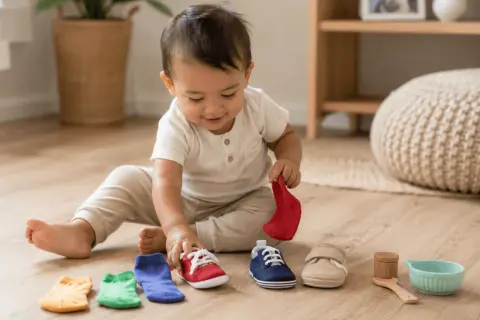 A baby explores colorful socks and shoes, a fun way to entertain a 1-year-old.