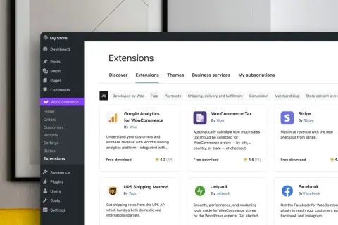 Explora extensiones para tu tienda: Google Analytics, WooCommerce Tax, Stripe, UPS, Jetpack y Facebook. Así funciona WooCommerce.