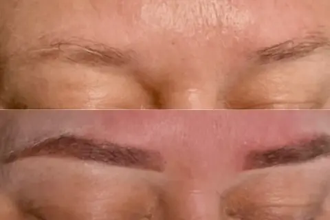 Przed i po: naturalne brwi przed i po zabiegu henna pudrowa. Efekt pięknych, podkreślonych brwi.