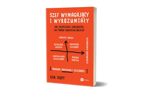 Książka "Szef wymagający i wyrozumiały" Kim Scott. Na okładce schemat zarządzania: osobista troska vs. bezpośrednia konfrontacja.