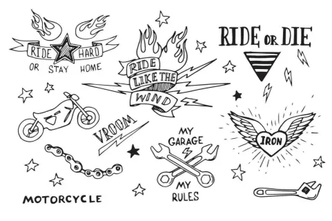 Skizzen für Motorrad Tattoo Ideen: "Ride or Die", "Ride Like the Wind", Motorrad, Werkzeuge, Sterne.