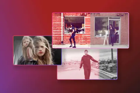 Collage of video clips: two girls, a pixelated figure, a woman exiting a shop, and a man on a rooftop. These could be used as after effects overlays.