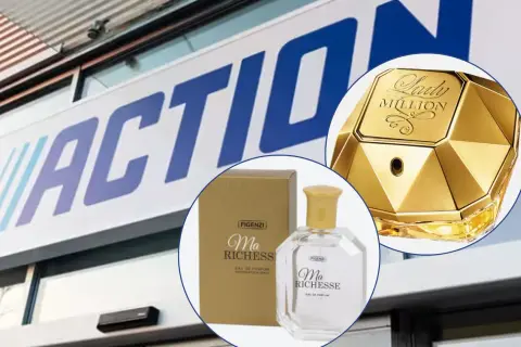 Złota butelka perfum Lady Million Lucky i perfumy Ma Richesse na tle sklepu Action.