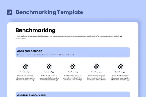 Plantilla para web benchmarking con secciones para analizar apps competencia y diseño visual.