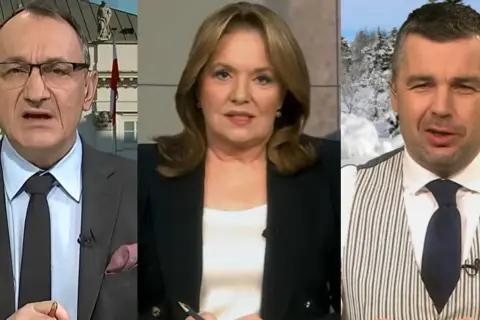 Trzech dziennikarzy i prezenterów TV Republika: mężczyzna w garniturze na tle Pałacu Prezydenckiego, kobieta w czarnej marynarce i mężczyzna w kamizelce na tle zimowego krajobrazu.