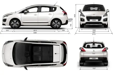 Biały Peugeot 3008 z 2010 roku widziany z przodu, boku, tyłu i z góry, z wymiarami.