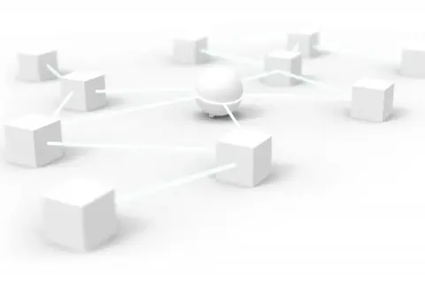 Un réseau de cubes blancs connectés par des lignes lumineuses, évoquant une technologie comme le Velux Z-Wave pour une maison intelligente.