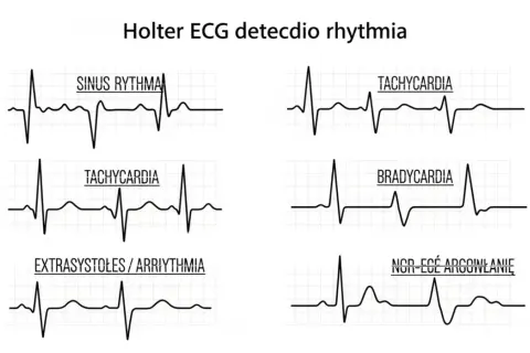 Przykłady zapisu EKG z monitorowania Holterem: rytm zatokowy, tachykardia, bradykardia, ekstrasystole, arytmia.