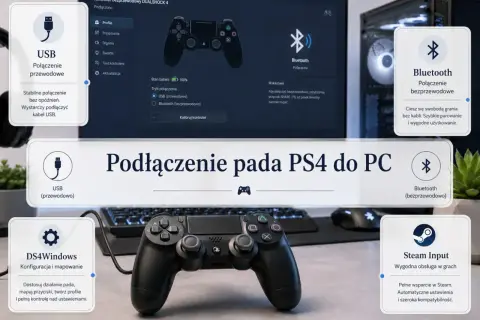 Jak podłączyć pada do PS4: przewodowo przez USB, bezprzewodowo przez Bluetooth, z DS4Windows lub Steam Input.
