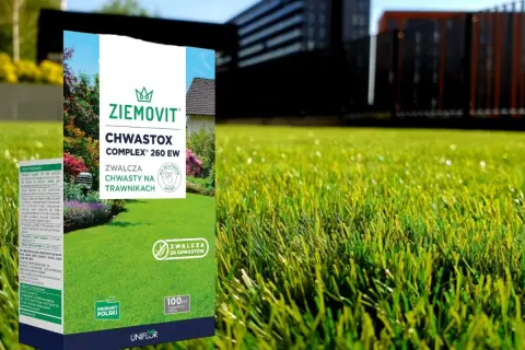 Opakowanie środka Chwastox Complex 260 EW na tle zielonego trawnika i budynków.