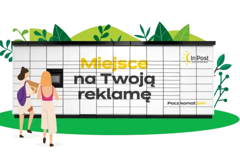 Paczkomat InPost z napisem "Miejsce na Twoją reklamę". Dwie kobiety odbierają paczkę. Idealne miejsce na reklamę firmy w internecie.
