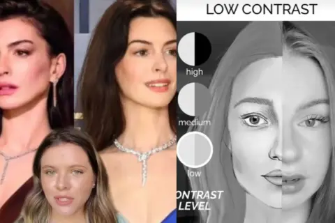 Anne Hathaway, avec son teint pâle, est montrée à côté d'une illustration de visage divisée, démontrant les niveaux de contraste.