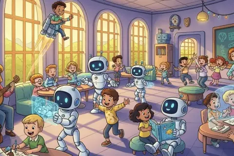 Kinder lernen in einer lebendigen Klasse mit Robotern und einer Lehrerin, die Gitarre spielt. Ein Junge fliegt mit einem Jetpack. Dies ist eine Vision der Schule in der Zukunft.