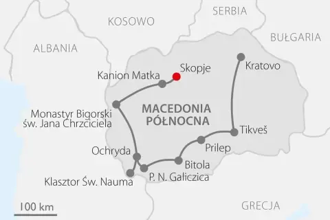 Mapa turystyczna Macedonii Północnej z zaznaczonymi atrakcjami: Skopje, Kanion Matka, Ochryda, Bitola, klasztory i parki narodowe.