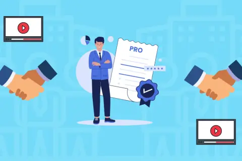 Uśmiechnięty mężczyzna w garniturze prezentuje certyfikat "PRO". Obok niego uściski dłoni i ikony wideo, sugerujące współpracę i **animate** materiały.