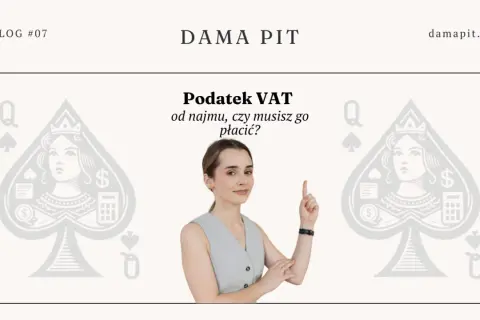 Kobieta wyjaśnia, czy najem prywatny a VAT to temat, który Cię dotyczy. Grafika damy pik z kalkulatorem i symbolem dolara.