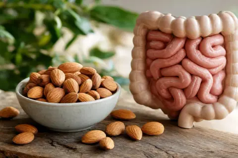 Mandorle in una ciotola accanto a un modello di intestino. Le mandorle fanno andare in bagno, grazie alle fibre che aiutano la digestione.