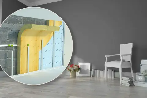Dettaglio tecnico di un sistema di isolamento acustico per pavimenti, con strati di lana minerale e pannelli isolanti.