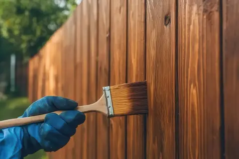 Ręka w niebieskiej rękawicy nakłada pędzlem brązowy impregnat na drewniany płot, chroniąc go przed warunkami atmosferycznymi.