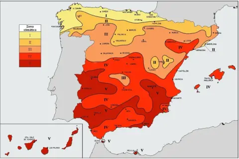 Mapa de España con zonas climáticas y su relación con las horas equivalentes fotovoltaica. Las zonas I a V indican la radiación solar.
