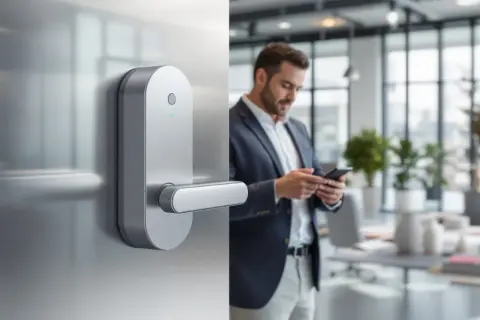 Une poignée de porte moderne avec une serrure connectée. Un homme d'affaires consulte son téléphone, symbolisant l'arrivée autonome.
