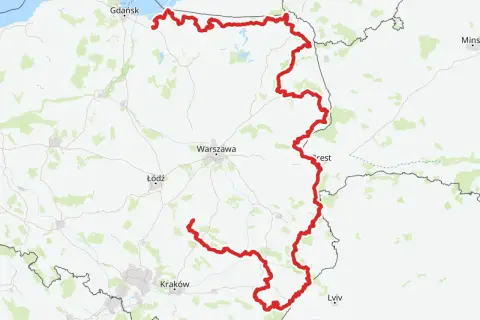 Mapa z zaznaczoną trasą rowerową, która biegnie od wybrzeża Bałtyku, przez Warszawę, aż po okolice Krakowa. To idealna propozycja na podróż green velo świętokrzyskie.