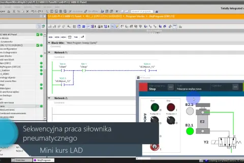 Programowanie PLC Siemens: sekwencyjna praca siłownika pneumatycznego w kursie LAD. Symulacja w RT Simulator.