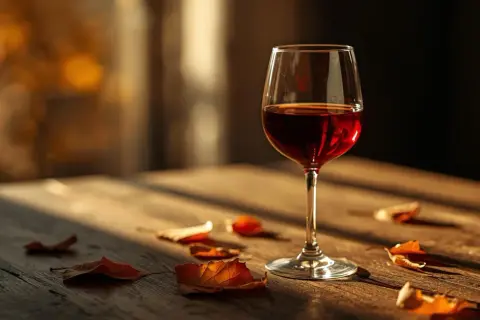 Ett glas rött vin står på ett träbord med höstlöv. Perfekt vin till pumpasoppa en kylig höstdag.