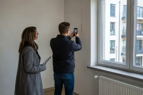 Mężczyzna robi zdjęcie pęknięcia na ścianie, kobieta trzyma dokumenty. To przykład sytuacji, gdy przyda się wiedza, co to jest rękojmia.