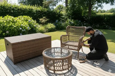 Man fixar en rottingstol på altanen. Bredvid står ett runt soffbord och en förvaringsbänk i rotting.