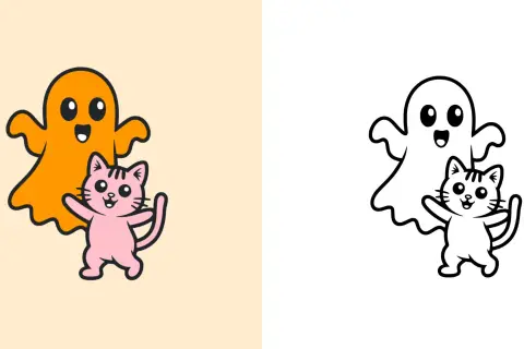 Un fantasma arancione e un gattino rosa giocano insieme. Line art per creare cose di Halloween da colorare.