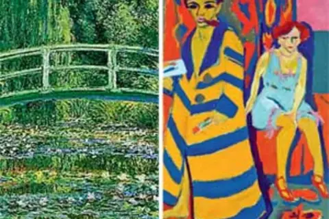 Impressionism vs. Expressionism: Monet's serene bridge and water lilies contrast with bold, emotional portraits.