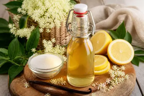 Bouteille de sirop de sureau, citrons, sucre et fleurs de sureau sur une planche en bois.