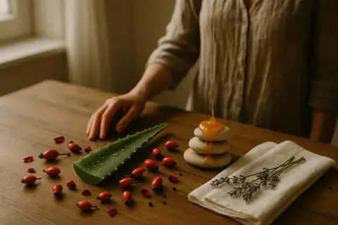 Natürliche Zutaten wie Aloe Vera, Hagebutten und Honig als Hausmittel gegen Keloid-Narben.