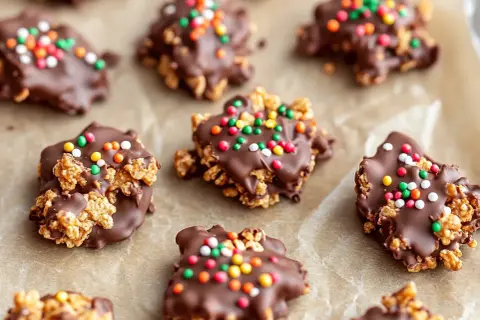 Roligt julgodis barn älskar! Krispiga chokladkakor med färgglada strössel, perfekta för julfikat.